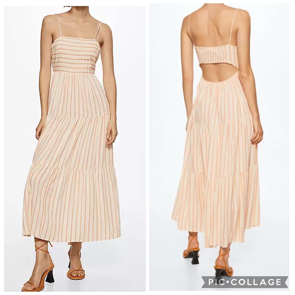Mango “Paola” Neutral Striped Smocked Peek-a-Boo Backed Maxi Dress
